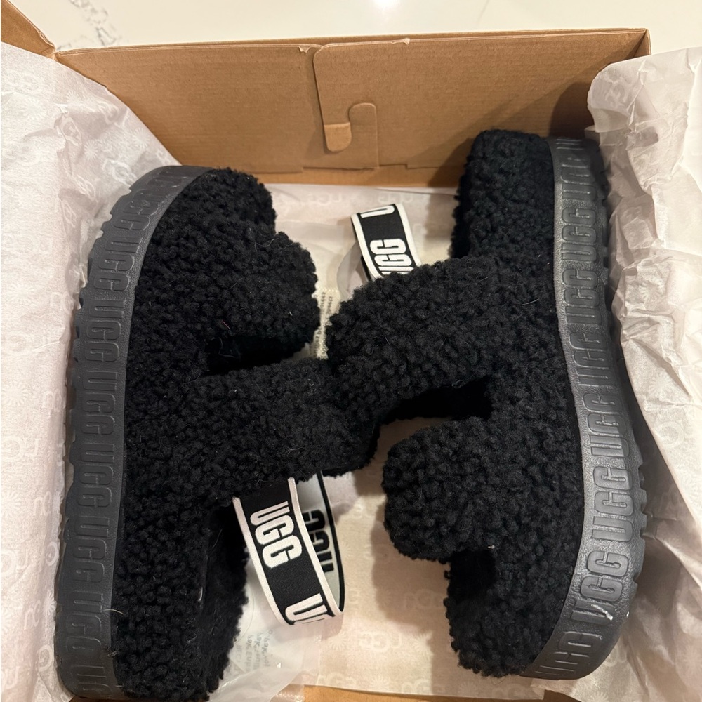 UGG Black Fluffy Platform Sandals